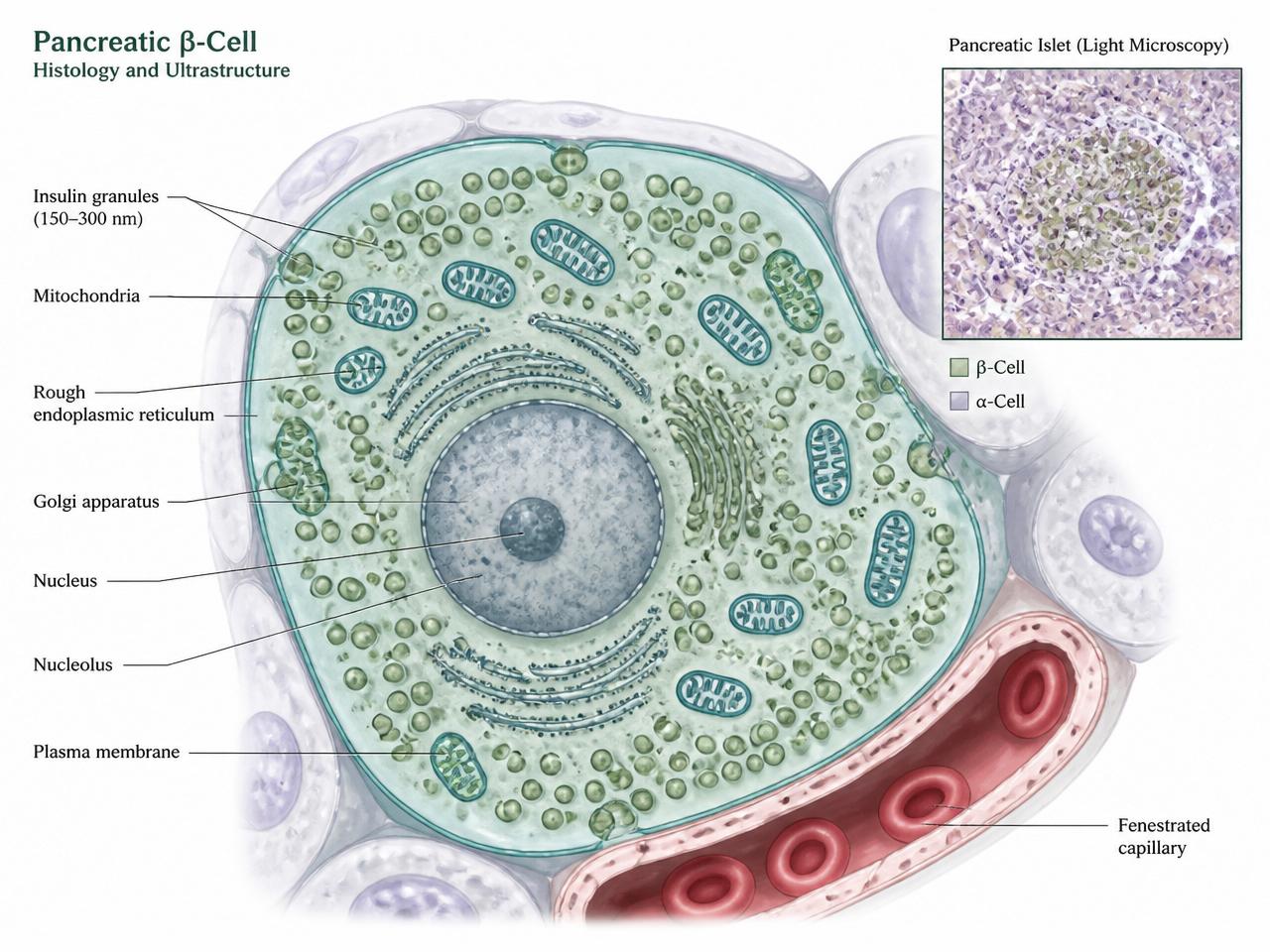 Pancreatic beta cell histology cross-section with insulin granules