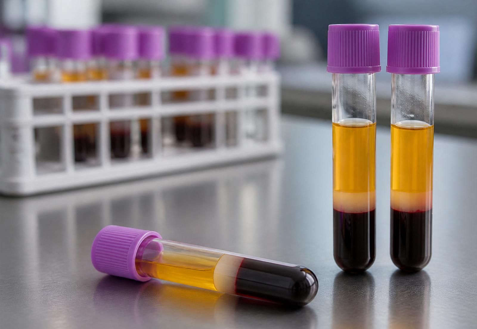 EDTA plasma collection tubes with separated plasma and cellular fraction