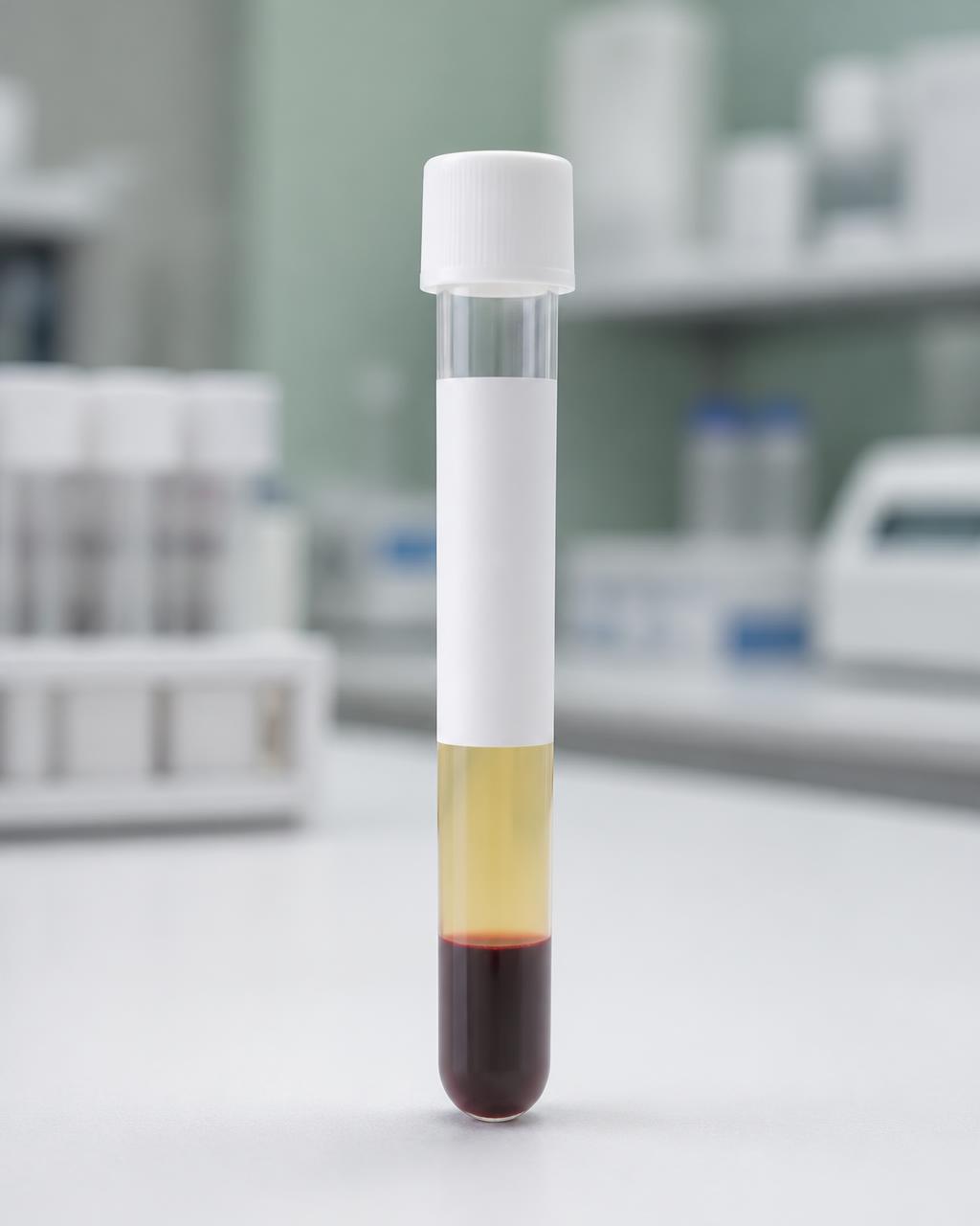 Blood collection tube containing approximately 500 microliters of separated straw-colored serum above a red cell layer