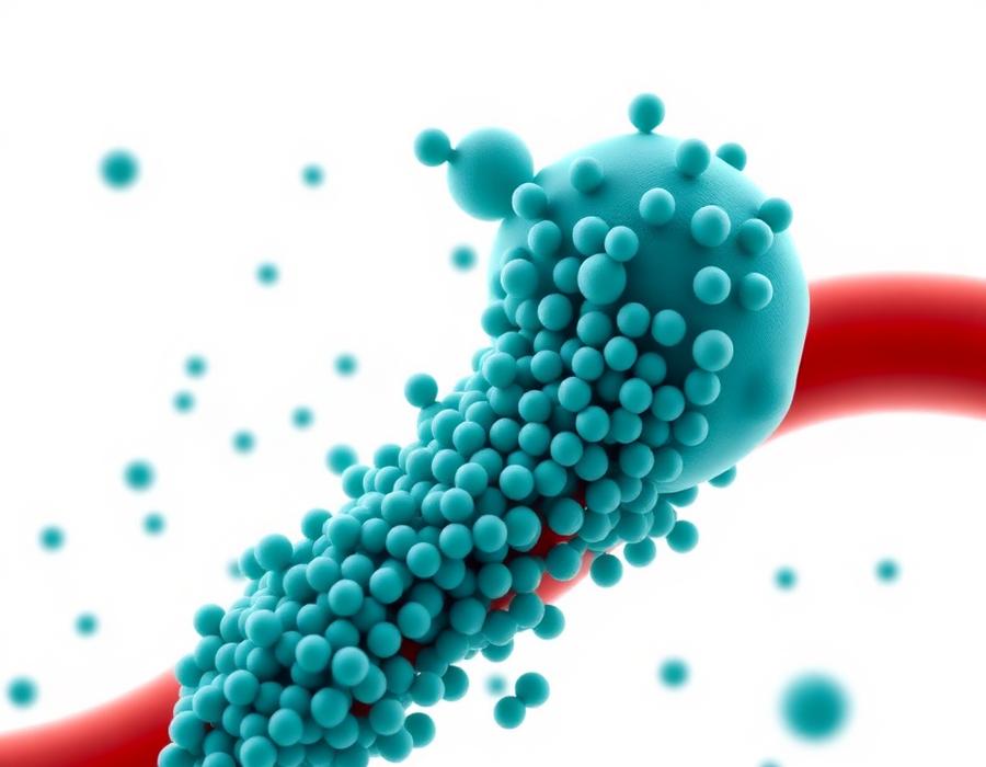 Illustration of beta cells releasing dense clouds of insulin granules into a blood vessel