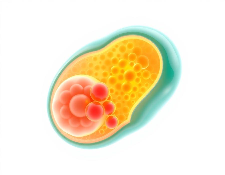 Illustration of a stressed beta cell with swollen endoplasmic reticulum and lipid droplets