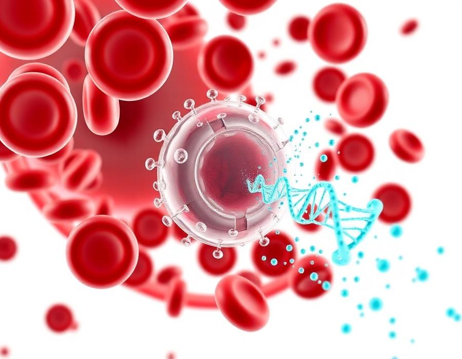 Illustration of cell-free DNA fragments released from a fragmenting cell into the bloodstream