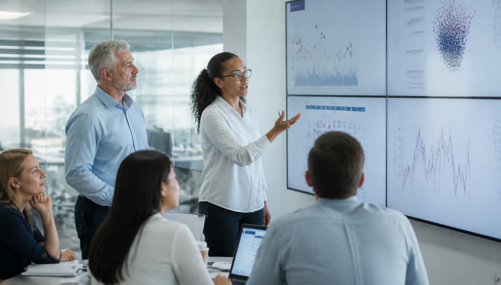 Pharmaceutical clinical development team reviewing trial data