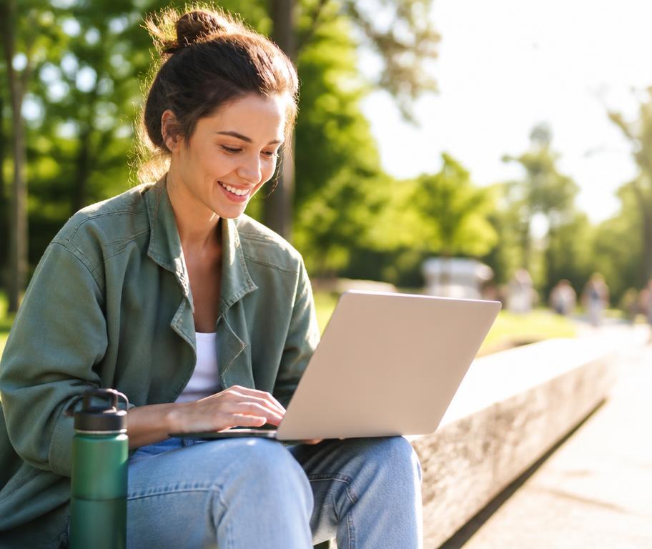 A person completing a short online health survey on a laptop outdoors