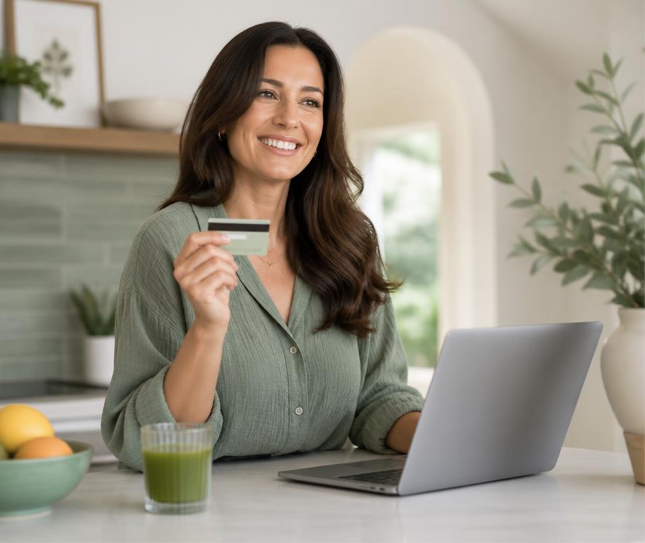 A customer holding a payment card beside a laptop in a bright kitchen