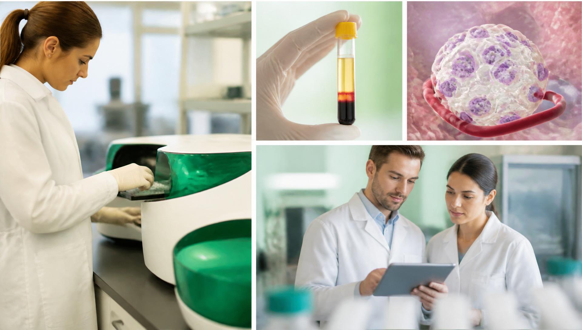 Laboratory scientist operating ddPCR instrument, plasma sample, beta cell illustration, and clinical researchers reviewing data